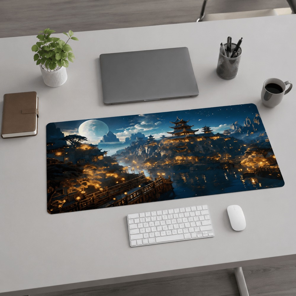 Work Desk Home Setup - Alas meja memanjang dengan motif bulan