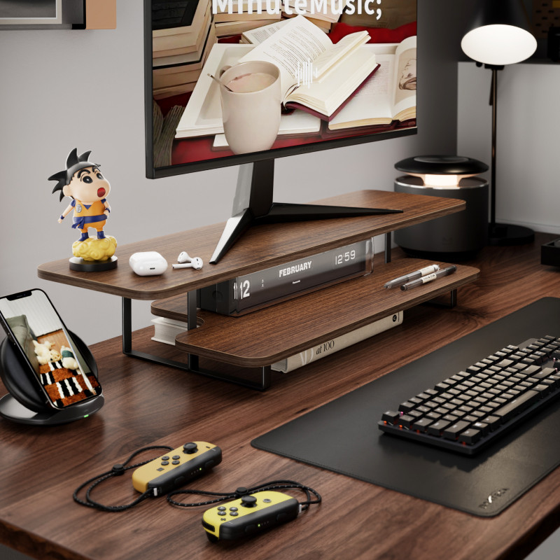 Penyangga Monitor Kayu Walnut, - Desk Setup Laptop And Monitor ulasan dan harga