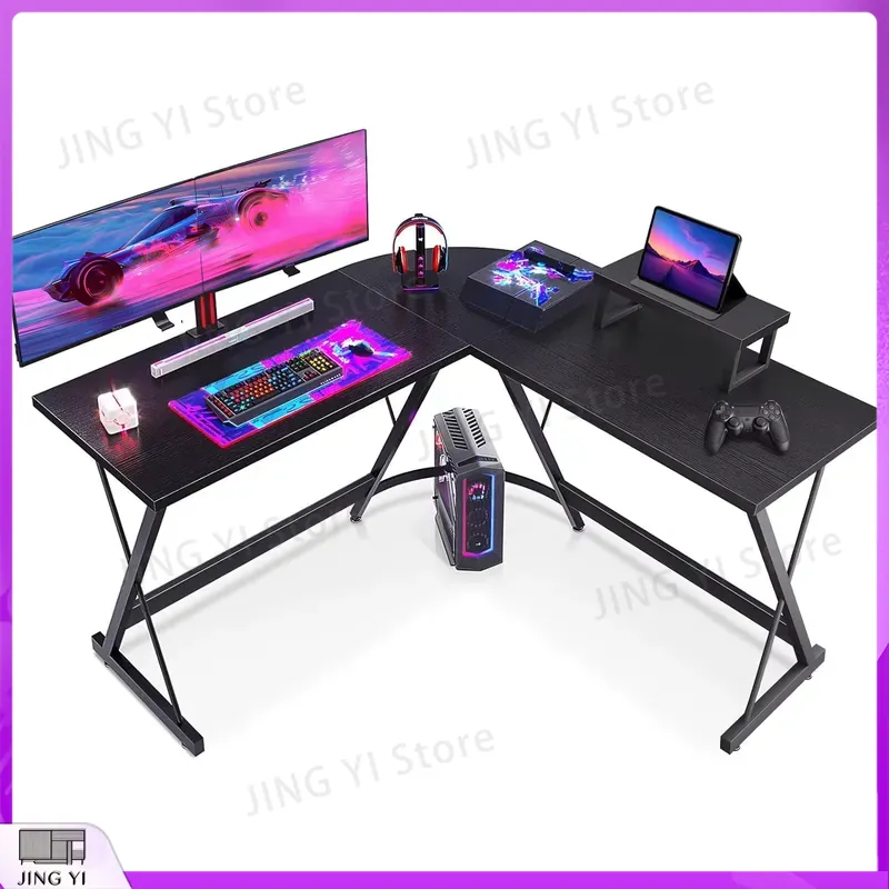 Meja Gaming Bentuk L dengan Du - Desk Setup Black And Wood ulasan dan harga
