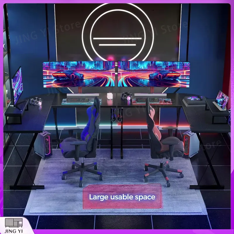 Meja Gaming Bentuk L dengan Du - Desk Setup Black And Wood ulasan dan harga